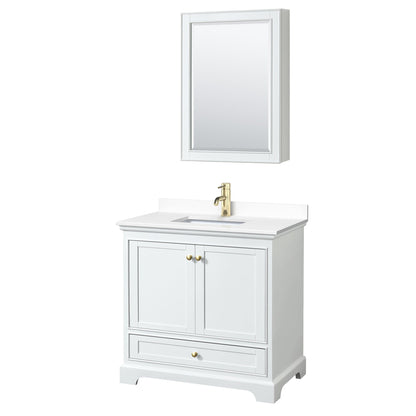 Wyndham Collection Deborah 36" Single Bathroom Vanity in White, White Cultured Marble Countertop, Undermount Square Sink, Brushed Gold Trim, Medicine Cabinet