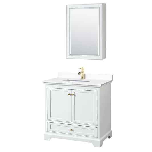 Wyndham Collection Deborah 36" Single Bathroom Vanity in White, White Cultured Marble Countertop, Undermount Square Sink, Brushed Gold Trim, Medicine Cabinet