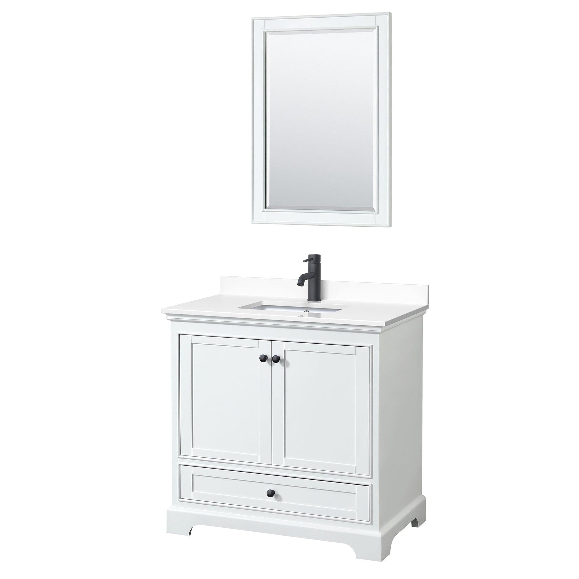 Wyndham Collection Deborah 36" Single Bathroom Vanity in White, White Cultured Marble Countertop, Undermount Square Sink, Matte Black Trim, 24" Mirror
