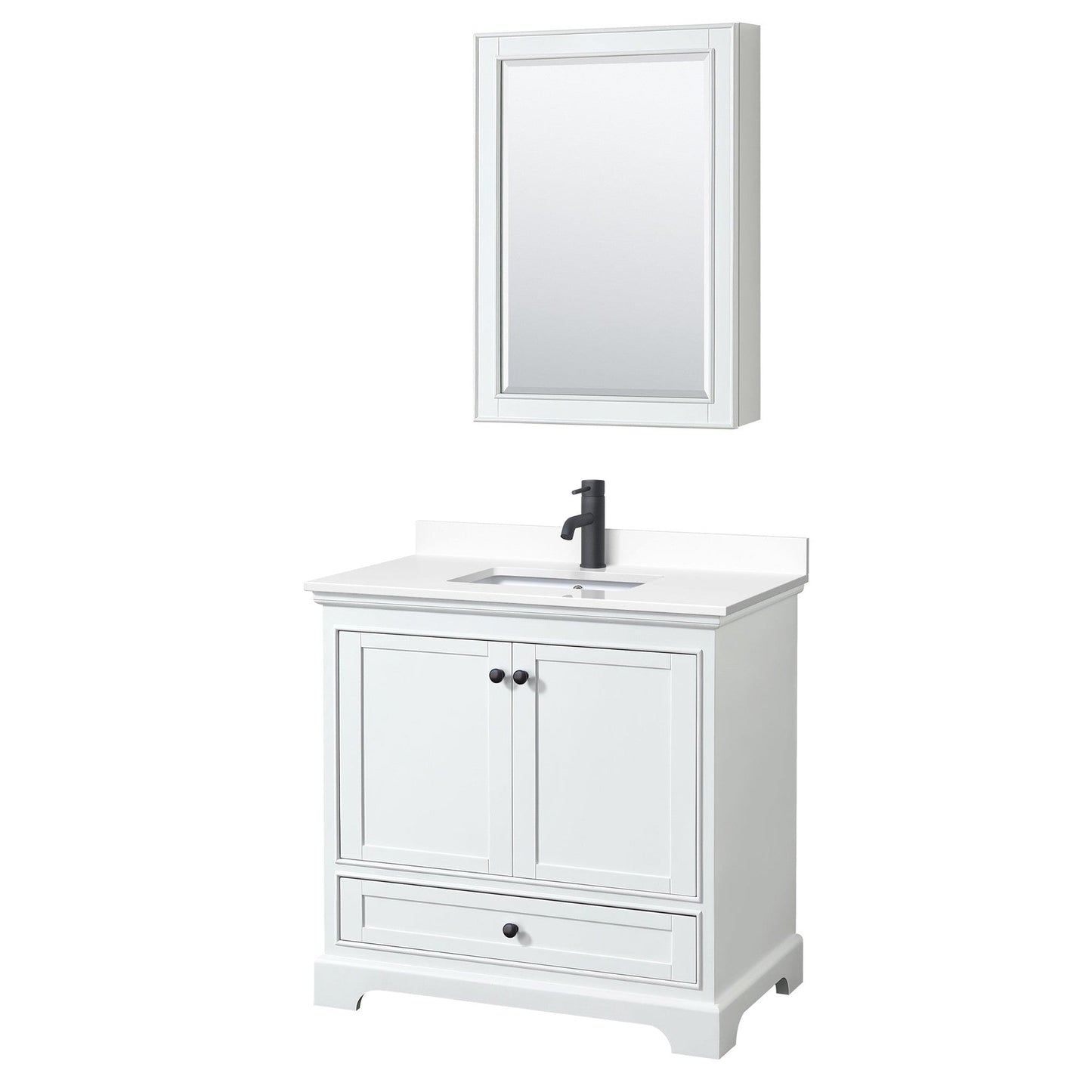 Wyndham Collection Deborah 36" Single Bathroom Vanity in White, White Cultured Marble Countertop, Undermount Square Sink, Matte Black Trim, Medicine Cabinet
