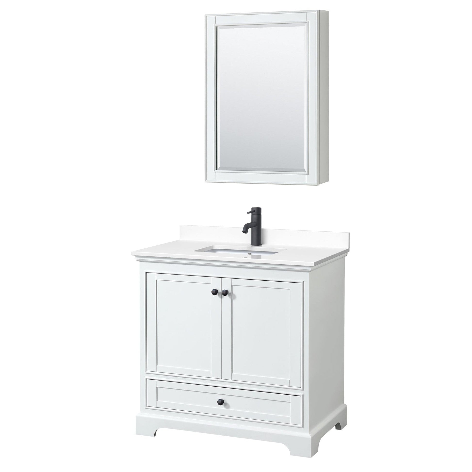Wyndham Collection Deborah 36" Single Bathroom Vanity in White, White Cultured Marble Countertop, Undermount Square Sink, Matte Black Trim, Medicine Cabinet