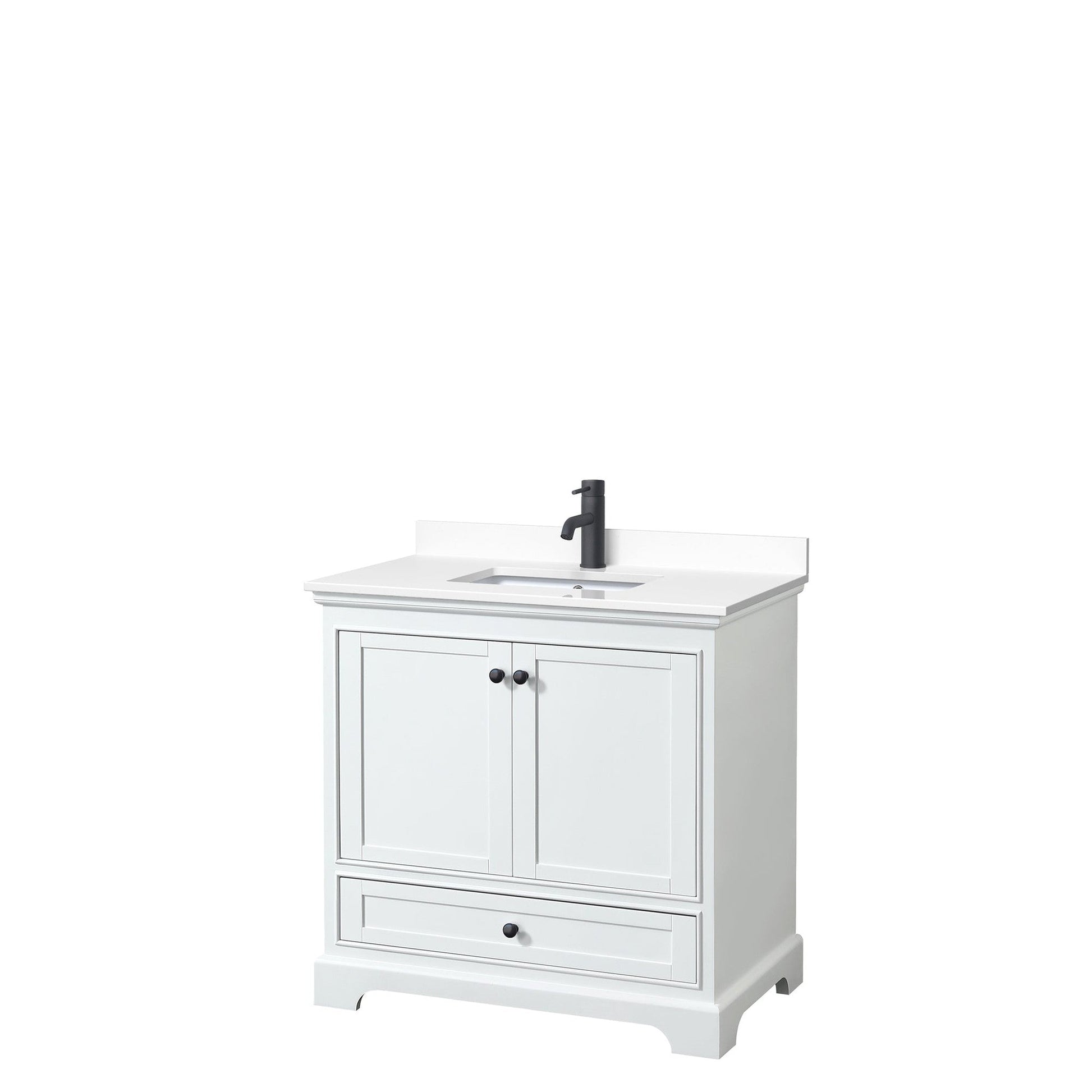 Wyndham Collection Deborah 36" Single Bathroom Vanity in White, White Cultured Marble Countertop, Undermount Square Sink, Matte Black Trim