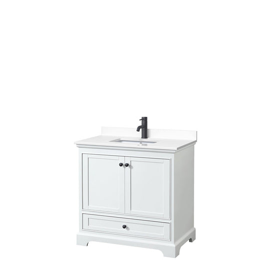Wyndham Collection Deborah 36" Single Bathroom Vanity in White, White Cultured Marble Countertop, Undermount Square Sink, Matte Black Trim