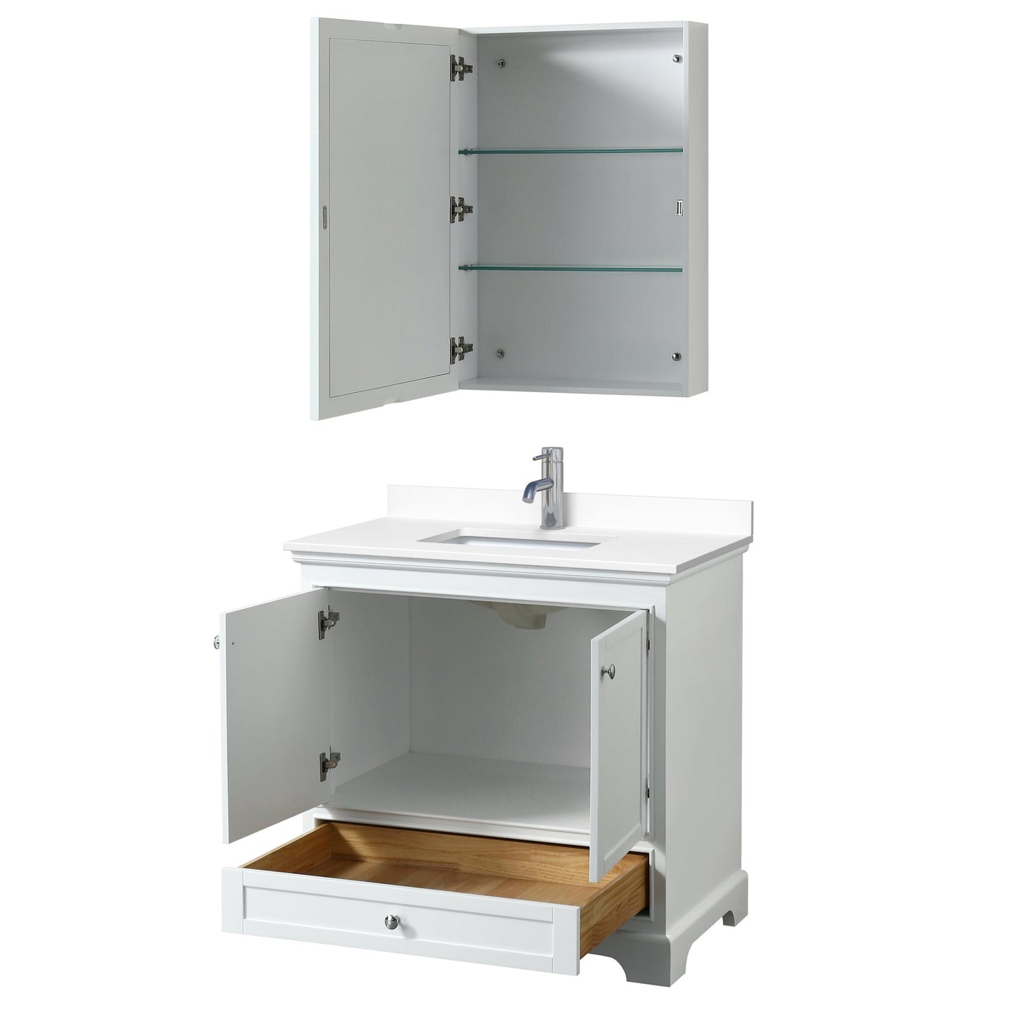 Wyndham Collection Deborah 36" Single Bathroom Vanity in White, White Cultured Marble Countertop, Undermount Square Sink, Medicine Cabinet
