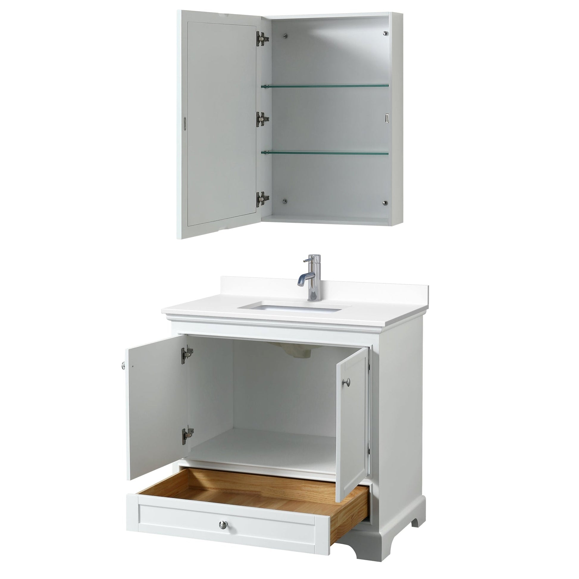 Wyndham Collection Deborah 36" Single Bathroom Vanity in White, White Cultured Marble Countertop, Undermount Square Sink, Medicine Cabinet