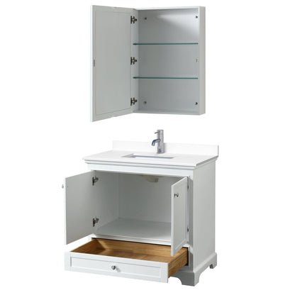 Wyndham Collection Deborah 36" Single Bathroom Vanity in White, White Cultured Marble Countertop, Undermount Square Sink, Medicine Cabinet