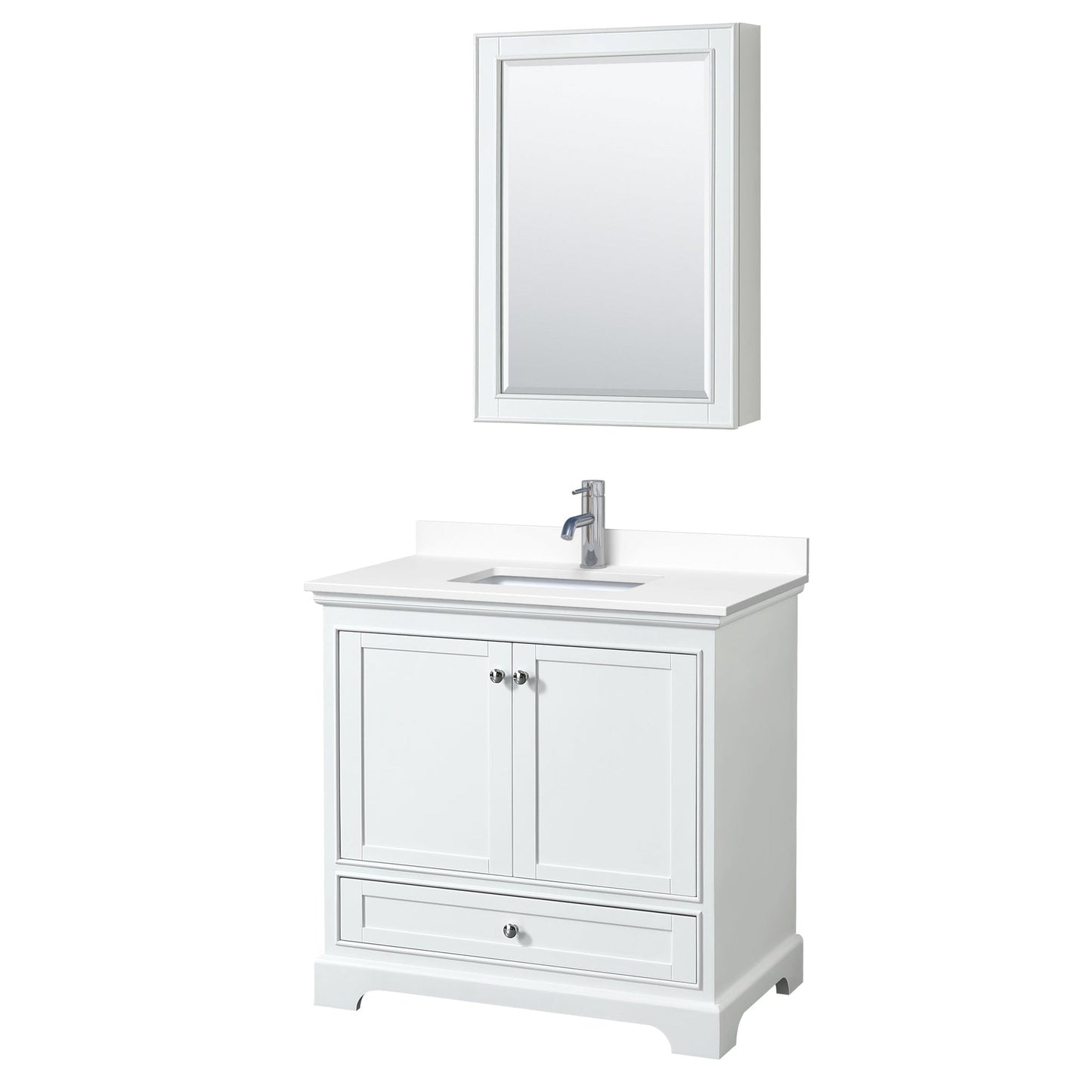 Wyndham Collection Deborah 36" Single Bathroom Vanity in White, White Cultured Marble Countertop, Undermount Square Sink, Medicine Cabinet