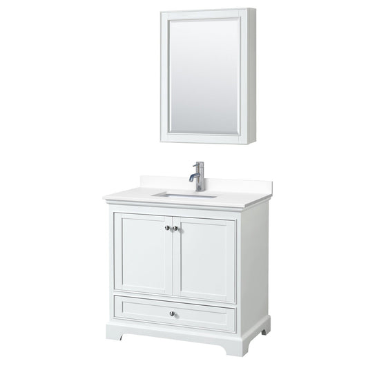 Wyndham Collection Deborah 36" Single Bathroom Vanity in White, White Cultured Marble Countertop, Undermount Square Sink, Medicine Cabinet