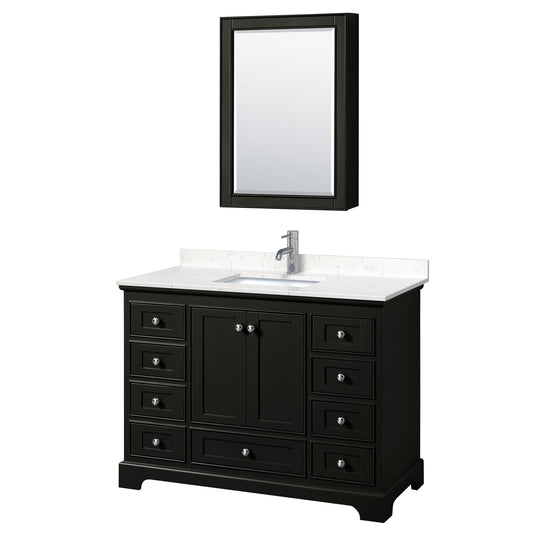 Wyndham Collection Deborah 48" Single Bathroom Vanity in Dark Espresso, Light-Vein Carrara Cultured Marble Countertop, Undermount Square Sink, Medicine Cabinet