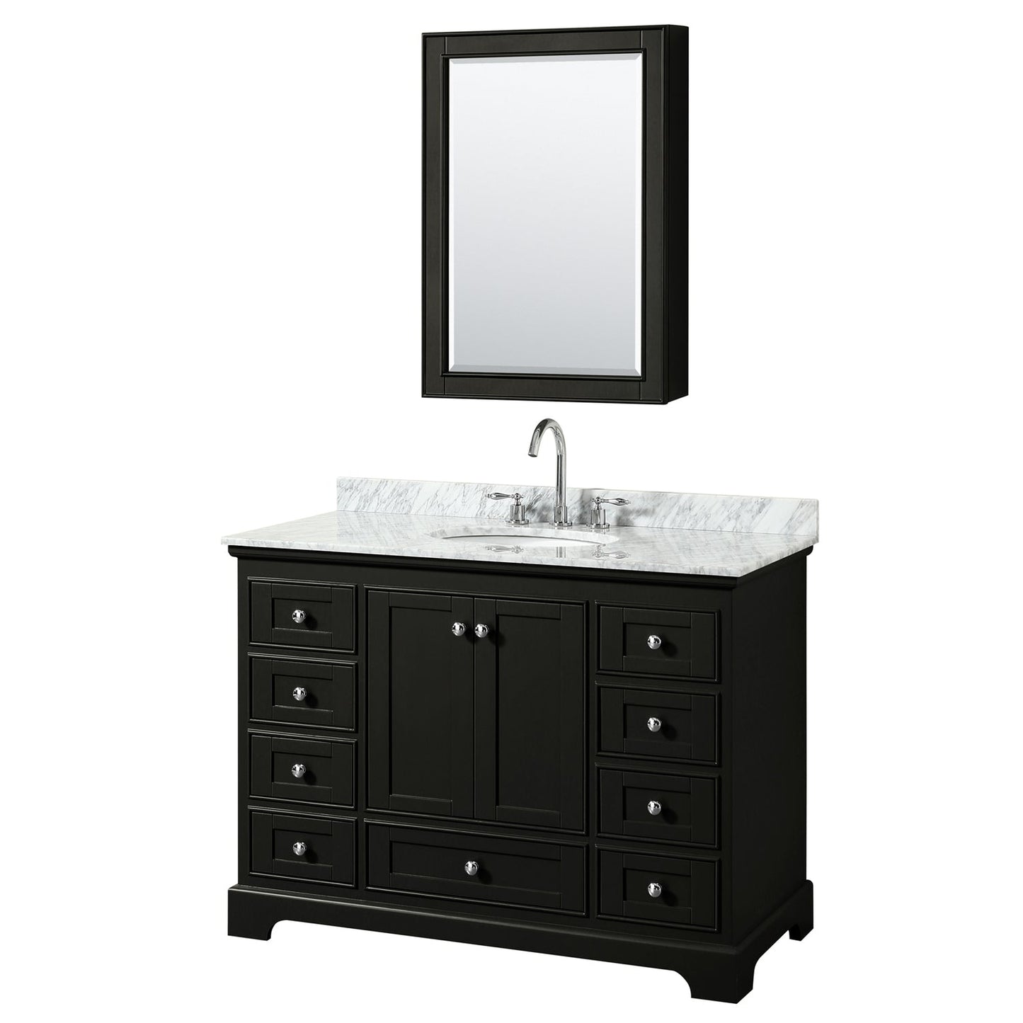 Wyndham Collection Deborah 48" Single Bathroom Vanity in Dark Espresso, White Carrara Marble Countertop, Undermount Oval Sink, and Medicine Cabinet