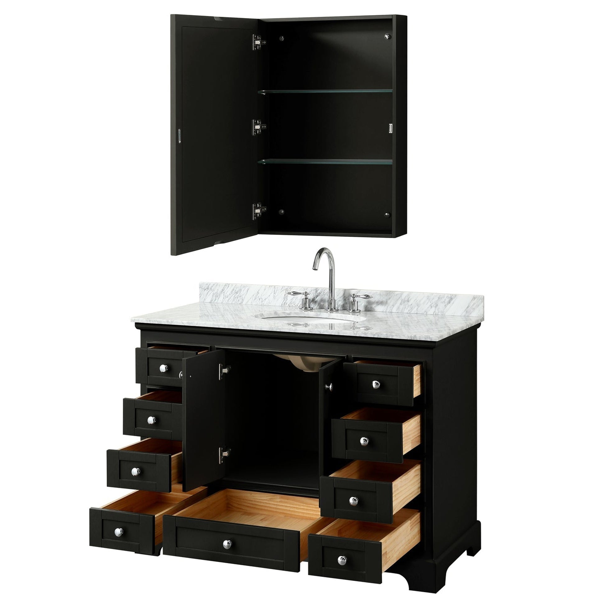 Wyndham Collection Deborah 48" Single Bathroom Vanity in Dark Espresso, White Carrara Marble Countertop, Undermount Oval Sink, and Medicine Cabinet