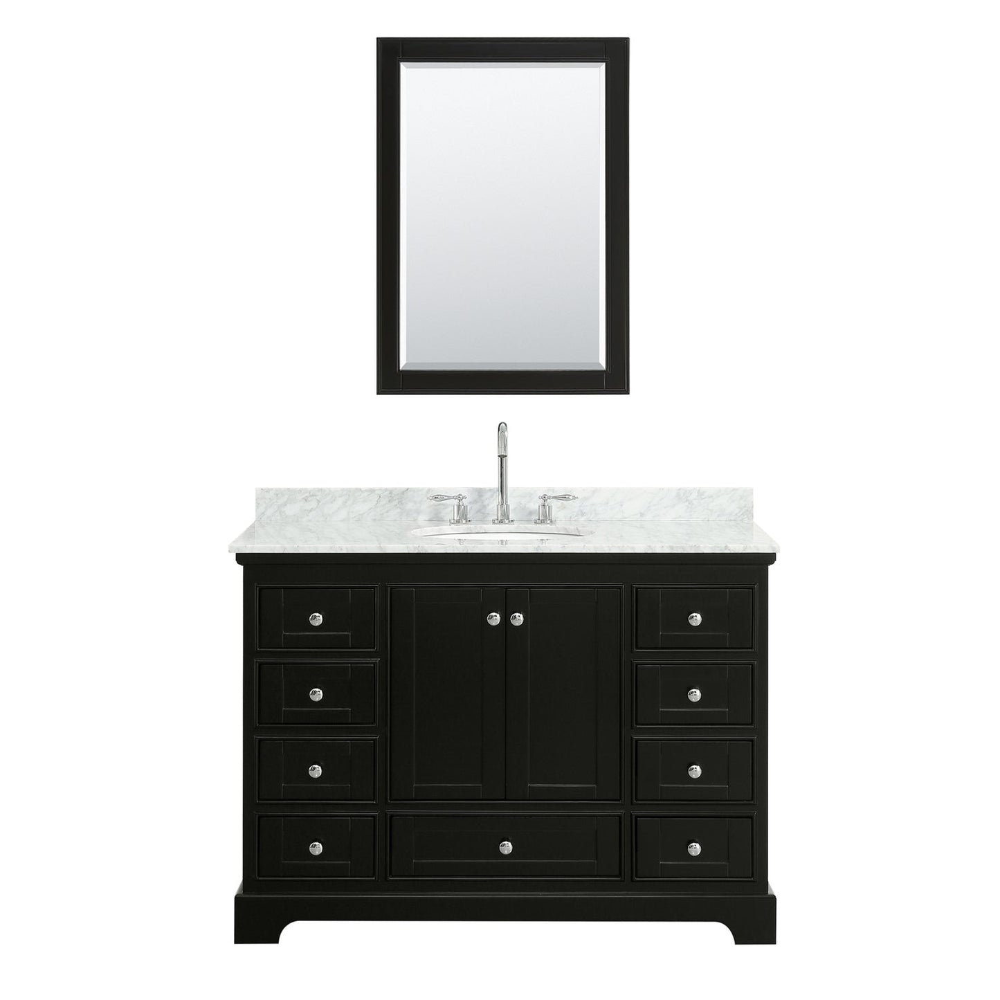Wyndham Collection Deborah 48" Single Bathroom Vanity in Dark Espresso, White Carrara Marble Countertop, Undermount Oval Sink, and Medicine Cabinet