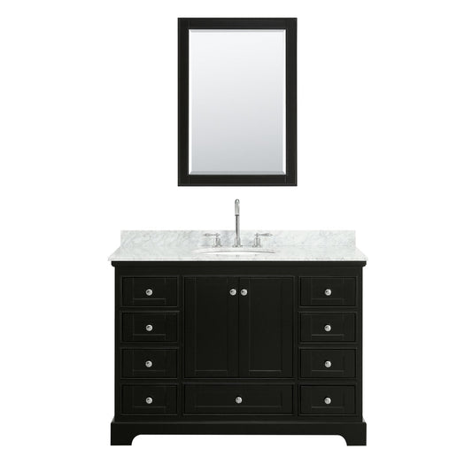 Wyndham Collection Deborah 48" Single Bathroom Vanity in Dark Espresso, White Carrara Marble Countertop, Undermount Oval Sink, and Medicine Cabinet
