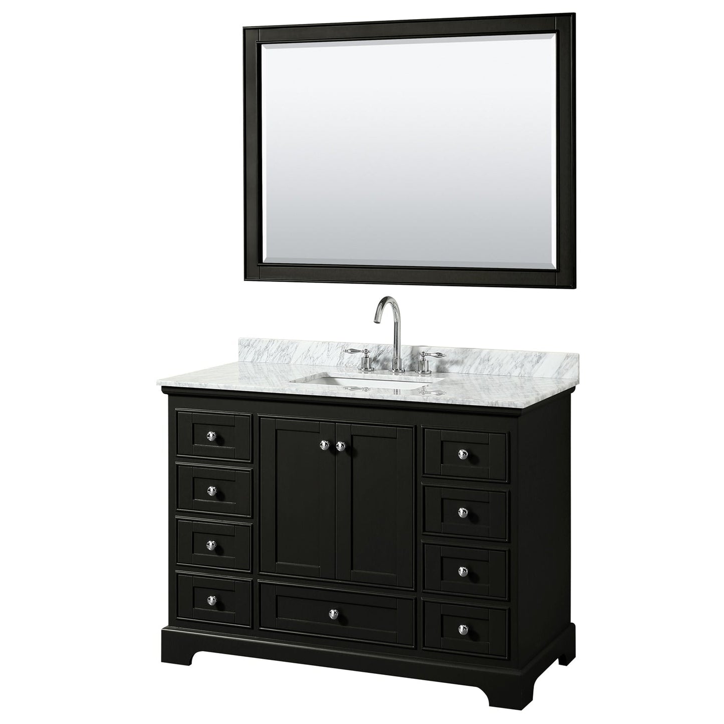 Wyndham Collection Deborah 48" Single Bathroom Vanity in Dark Espresso, White Carrara Marble Countertop, Undermount Square Sink, and 46" Mirror