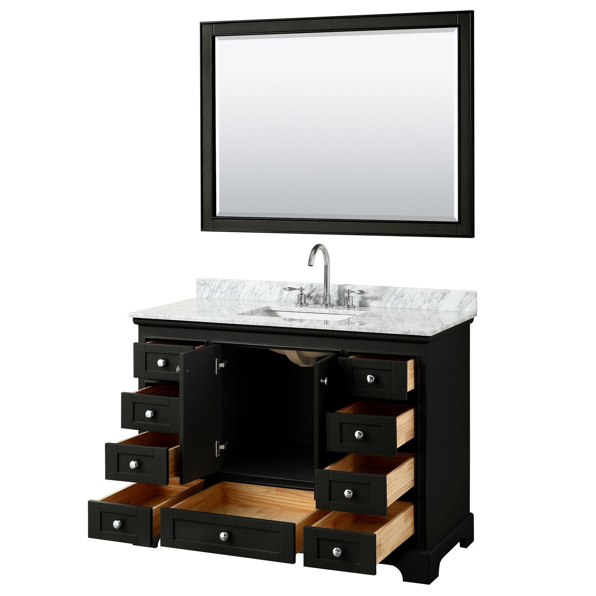 Wyndham Collection Deborah 48" Single Bathroom Vanity in Dark Espresso, White Carrara Marble Countertop, Undermount Square Sink, and 46" Mirror