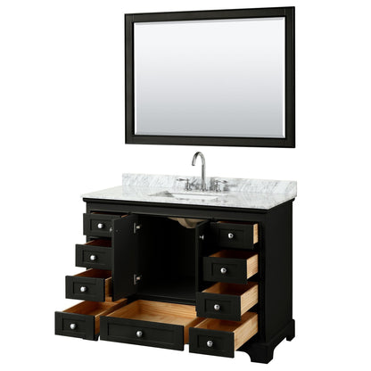 Wyndham Collection Deborah 48" Single Bathroom Vanity in Dark Espresso, White Carrara Marble Countertop, Undermount Square Sink, and 46" Mirror