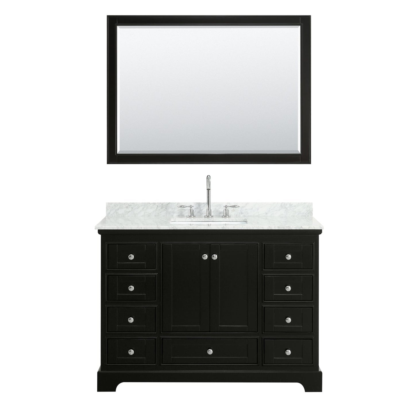 Wyndham Collection Deborah 48" Single Bathroom Vanity in Dark Espresso, White Carrara Marble Countertop, Undermount Square Sink, and 46" Mirror