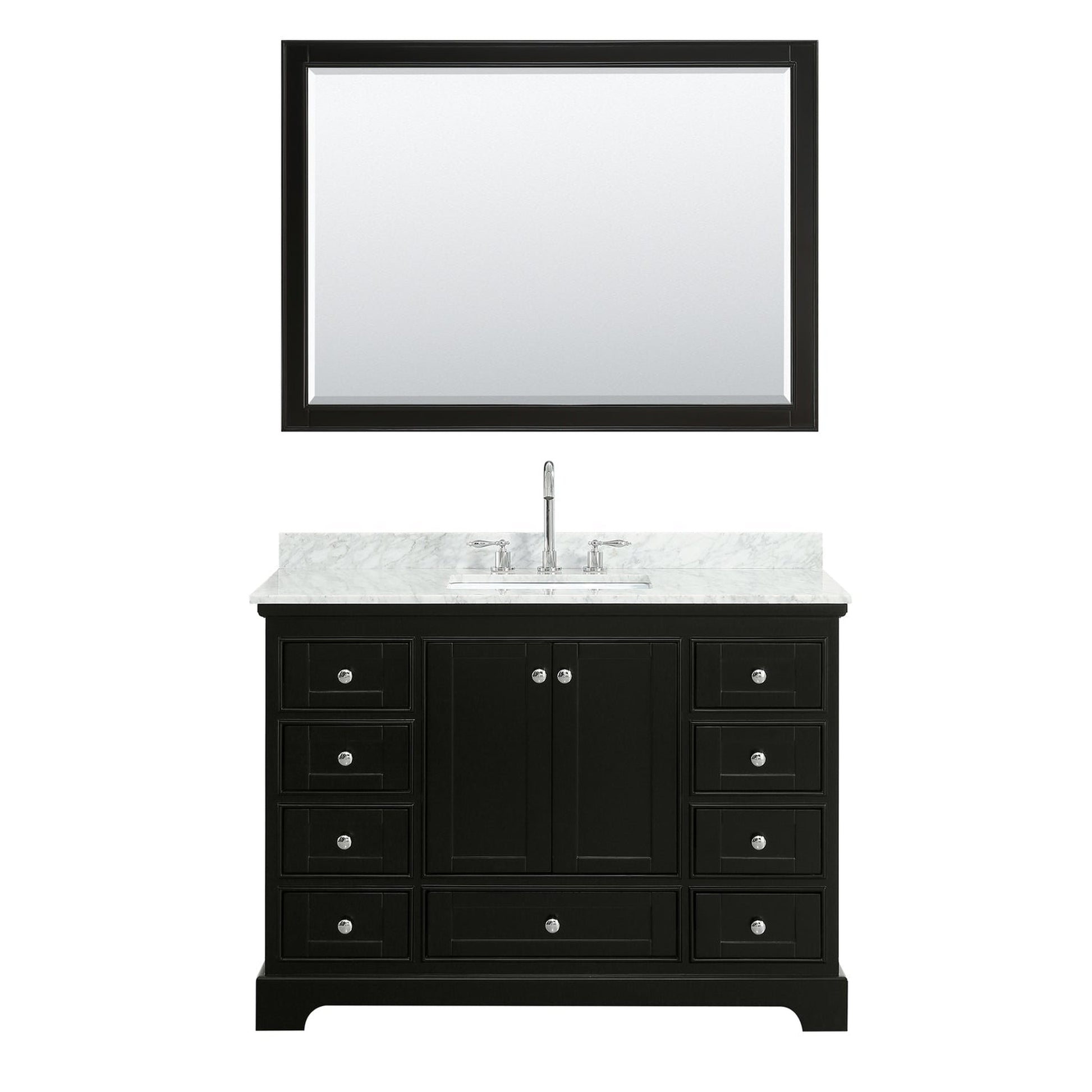 Wyndham Collection Deborah 48" Single Bathroom Vanity in Dark Espresso, White Carrara Marble Countertop, Undermount Square Sink, and 46" Mirror