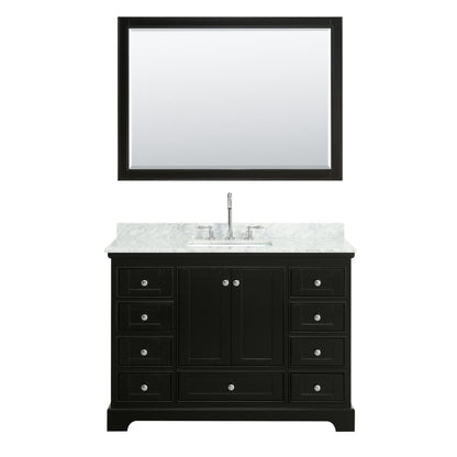 Wyndham Collection Deborah 48" Single Bathroom Vanity in Dark Espresso, White Carrara Marble Countertop, Undermount Square Sink, and 46" Mirror