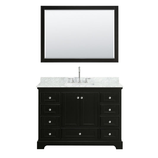 Wyndham Collection Deborah 48" Single Bathroom Vanity in Dark Espresso, White Carrara Marble Countertop, Undermount Square Sink, and 46" Mirror