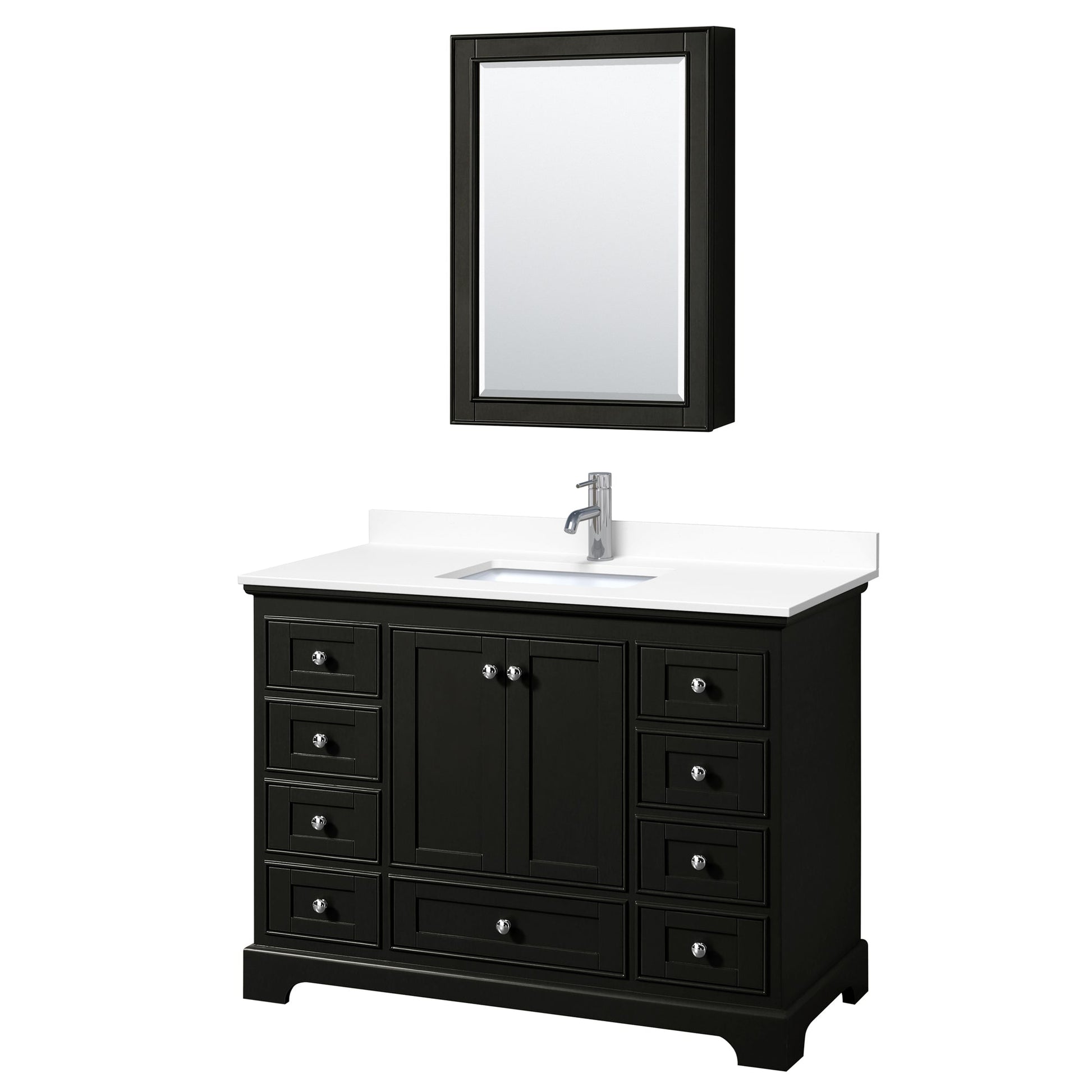 Wyndham Collection Deborah 48" Single Bathroom Vanity in Dark Espresso, White Cultured Marble Countertop, Undermount Square Sink, Medicine Cabinet