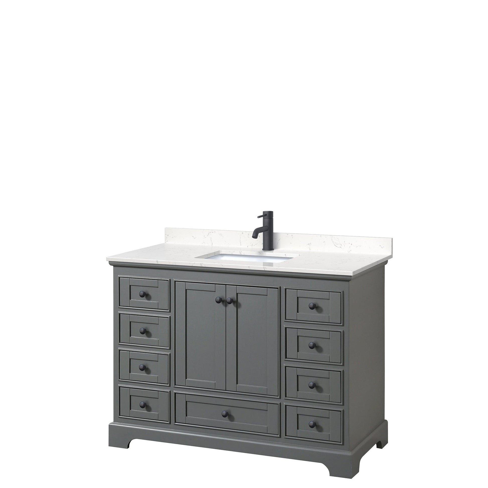 Wyndham Collection Deborah 48" Single Bathroom Vanity in Dark Gray, Carrara Cultured Marble Countertop, Undermount Square Sink, Matte Black Trim