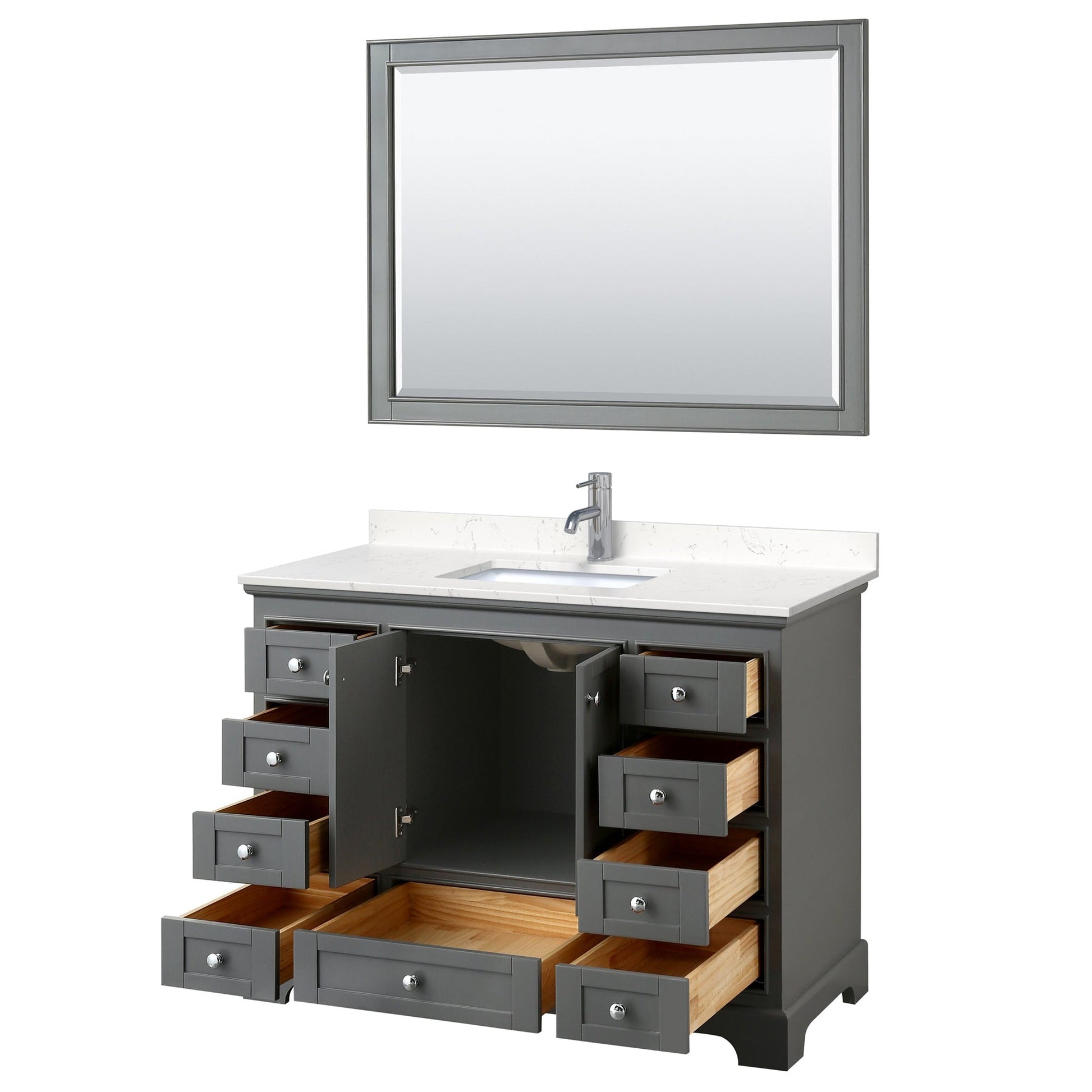 Wyndham Collection Deborah 48" Single Bathroom Vanity in Dark Gray, Light-Vein Carrara Cultured Marble Countertop, Undermount Square Sink, 46" Mirror
