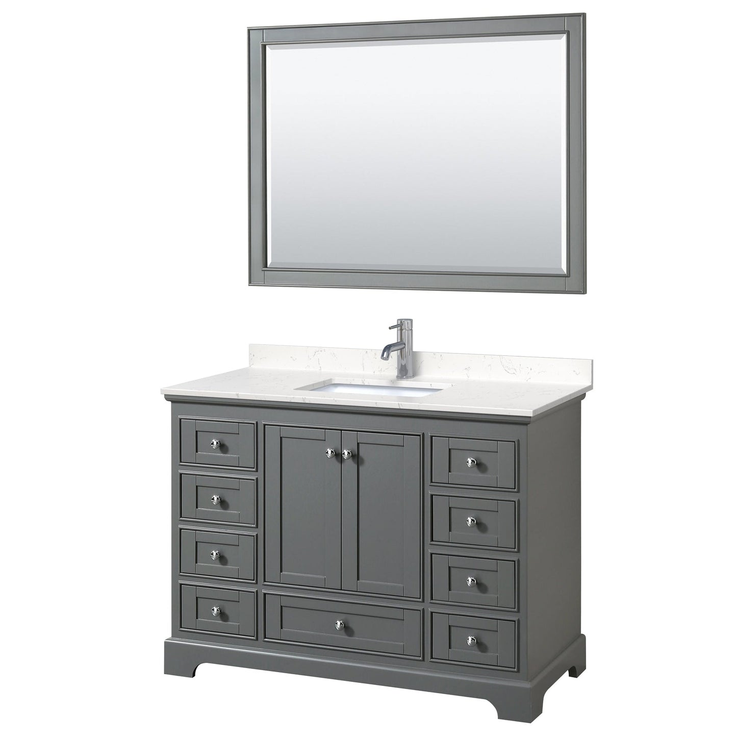 Wyndham Collection Deborah 48" Single Bathroom Vanity in Dark Gray, Light-Vein Carrara Cultured Marble Countertop, Undermount Square Sink, 46" Mirror