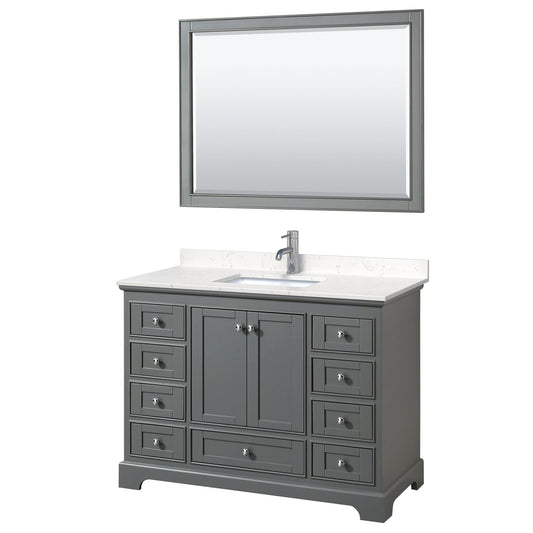 Wyndham Collection Deborah 48" Single Bathroom Vanity in Dark Gray, Light-Vein Carrara Cultured Marble Countertop, Undermount Square Sink, 46" Mirror