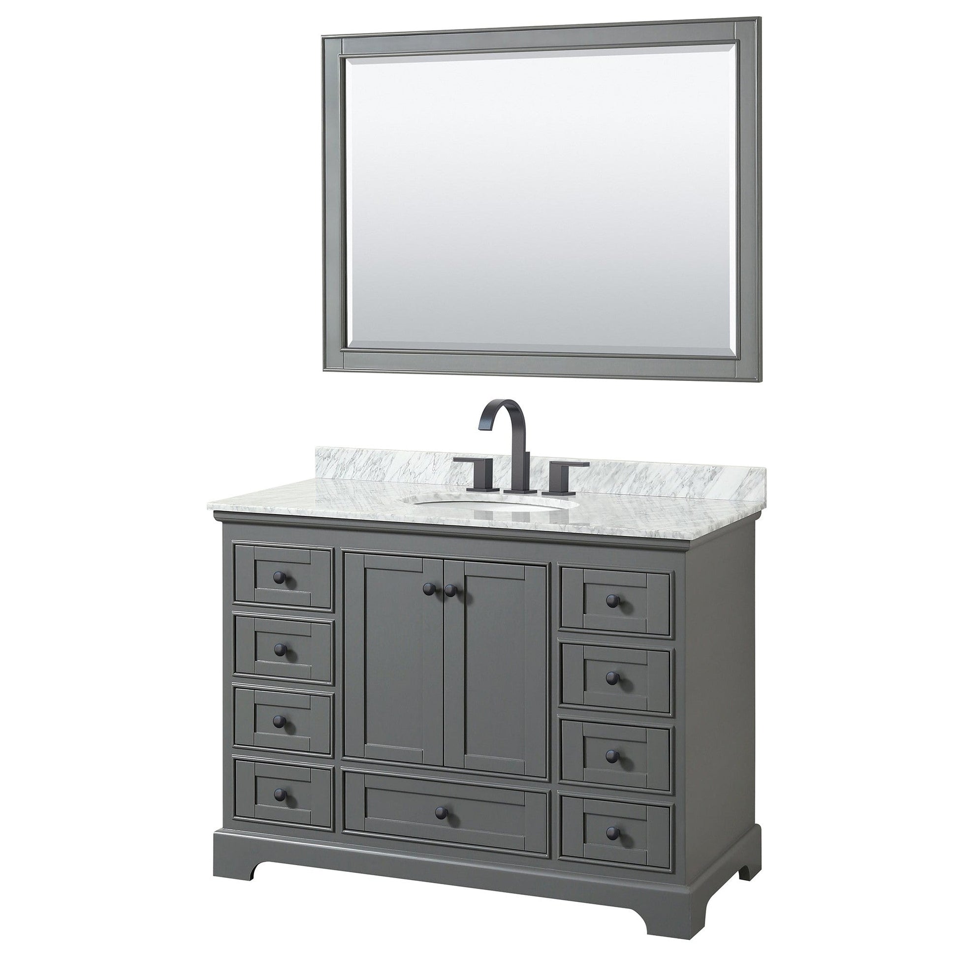 Wyndham Collection Deborah 48" Single Bathroom Vanity in Dark Gray, White Carrara Marble Countertop, Undermount Oval Sink, Matte Black Trim, 46" Mirror