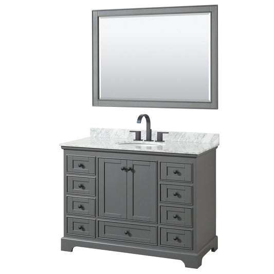 Wyndham Collection Deborah 48" Single Bathroom Vanity in Dark Gray, White Carrara Marble Countertop, Undermount Oval Sink, Matte Black Trim, 46" Mirror