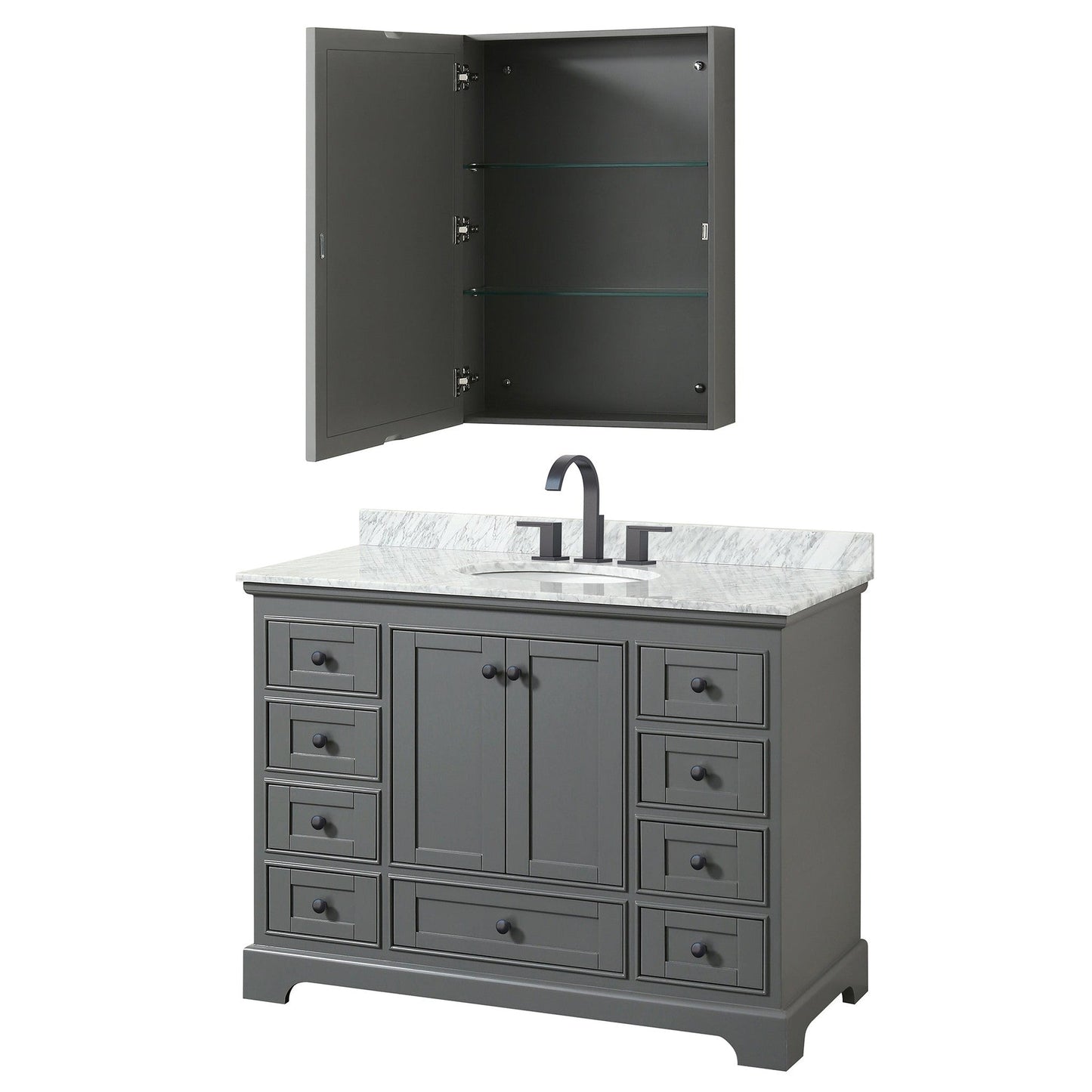 Wyndham Collection Deborah 48" Single Bathroom Vanity in Dark Gray, White Carrara Marble Countertop, Undermount Oval Sink, Matte Black Trim, Medicine Cabinet