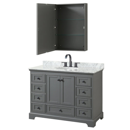 Wyndham Collection Deborah 48" Single Bathroom Vanity in Dark Gray, White Carrara Marble Countertop, Undermount Oval Sink, Matte Black Trim, Medicine Cabinet
