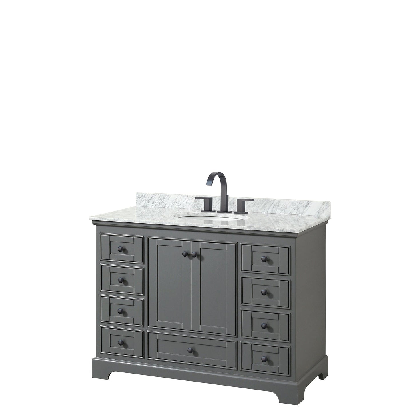 Wyndham Collection Deborah 48" Single Bathroom Vanity in Dark Gray, White Carrara Marble Countertop, Undermount Oval Sink, Matte Black Trim