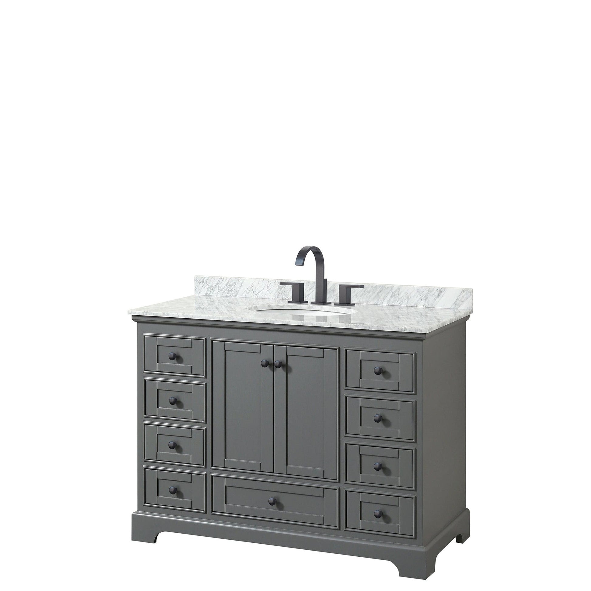 Wyndham Collection Deborah 48" Single Bathroom Vanity in Dark Gray, White Carrara Marble Countertop, Undermount Oval Sink, Matte Black Trim