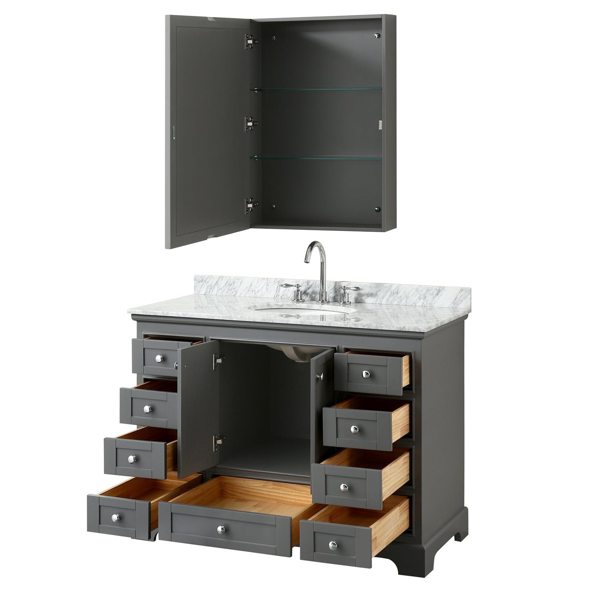 Wyndham Collection Deborah 48" Single Bathroom Vanity in Dark Gray, White Carrara Marble Countertop, Undermount Oval Sink, and Medicine Cabinet
