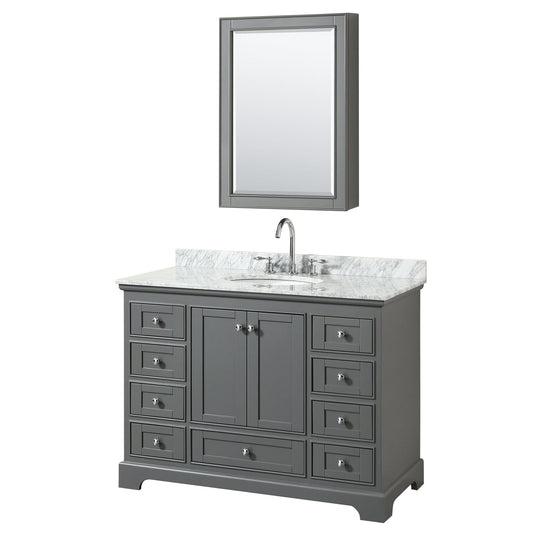 Wyndham Collection Deborah 48" Single Bathroom Vanity in Dark Gray, White Carrara Marble Countertop, Undermount Oval Sink, and Medicine Cabinet