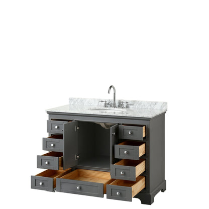 Wyndham Collection Deborah 48" Single Bathroom Vanity in Dark Gray, White Carrara Marble Countertop, Undermount Oval Sink, and No Mirror