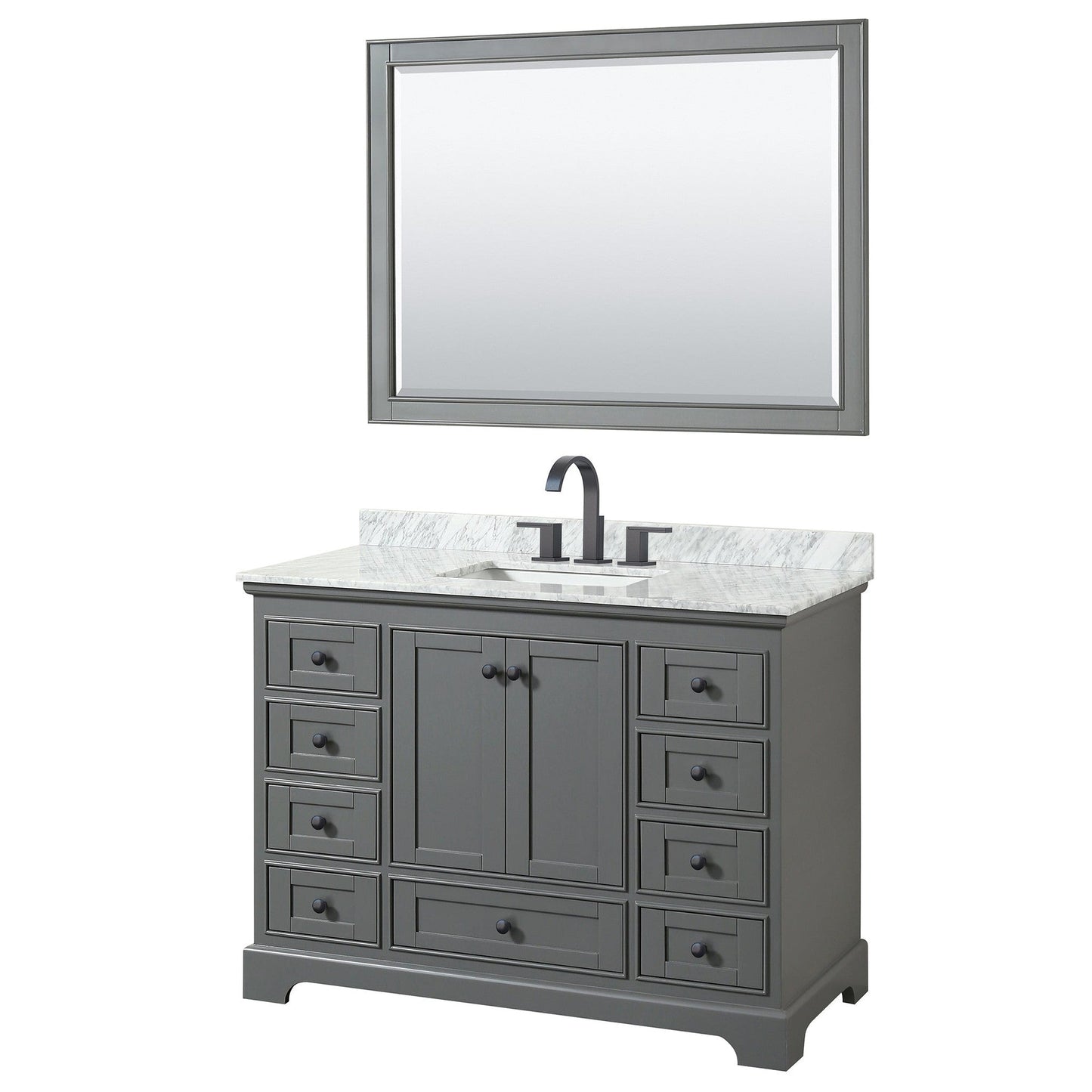 Wyndham Collection Deborah 48" Single Bathroom Vanity in Dark Gray, White Carrara Marble Countertop, Undermount Square Sink, Matte Black Trim, 46" Mirror