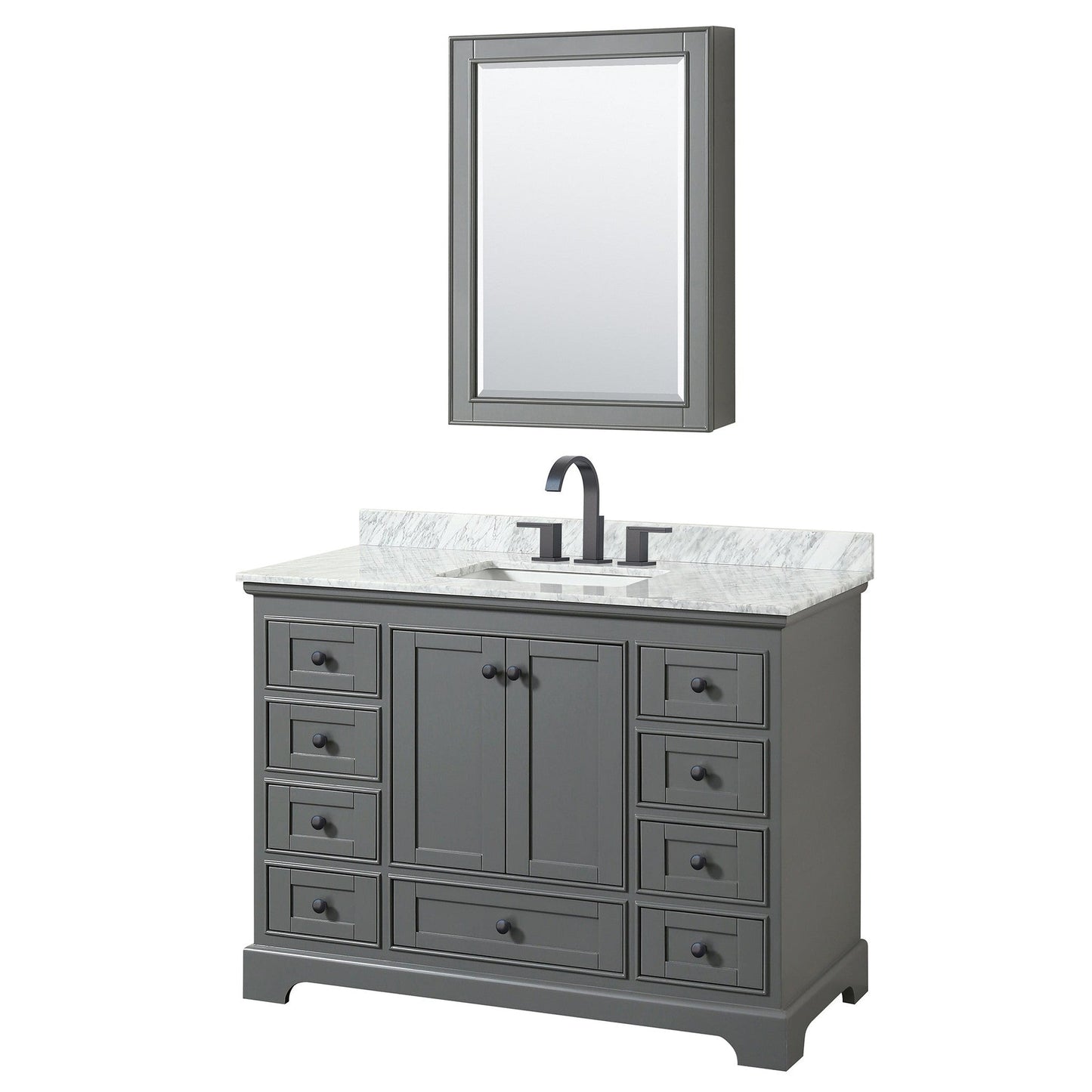 Wyndham Collection Deborah 48" Single Bathroom Vanity in Dark Gray, White Carrara Marble Countertop, Undermount Square Sink, Matte Black Trim, Medicine Cabinet