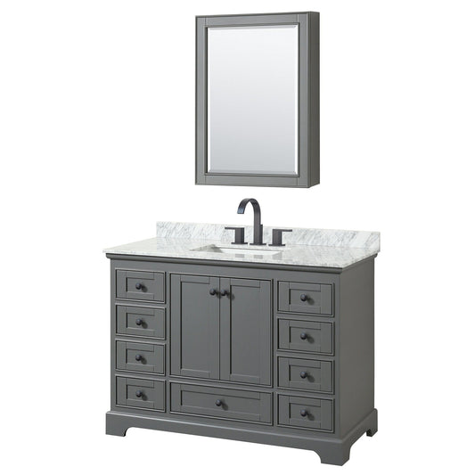 Wyndham Collection Deborah 48" Single Bathroom Vanity in Dark Gray, White Carrara Marble Countertop, Undermount Square Sink, Matte Black Trim, Medicine Cabinet
