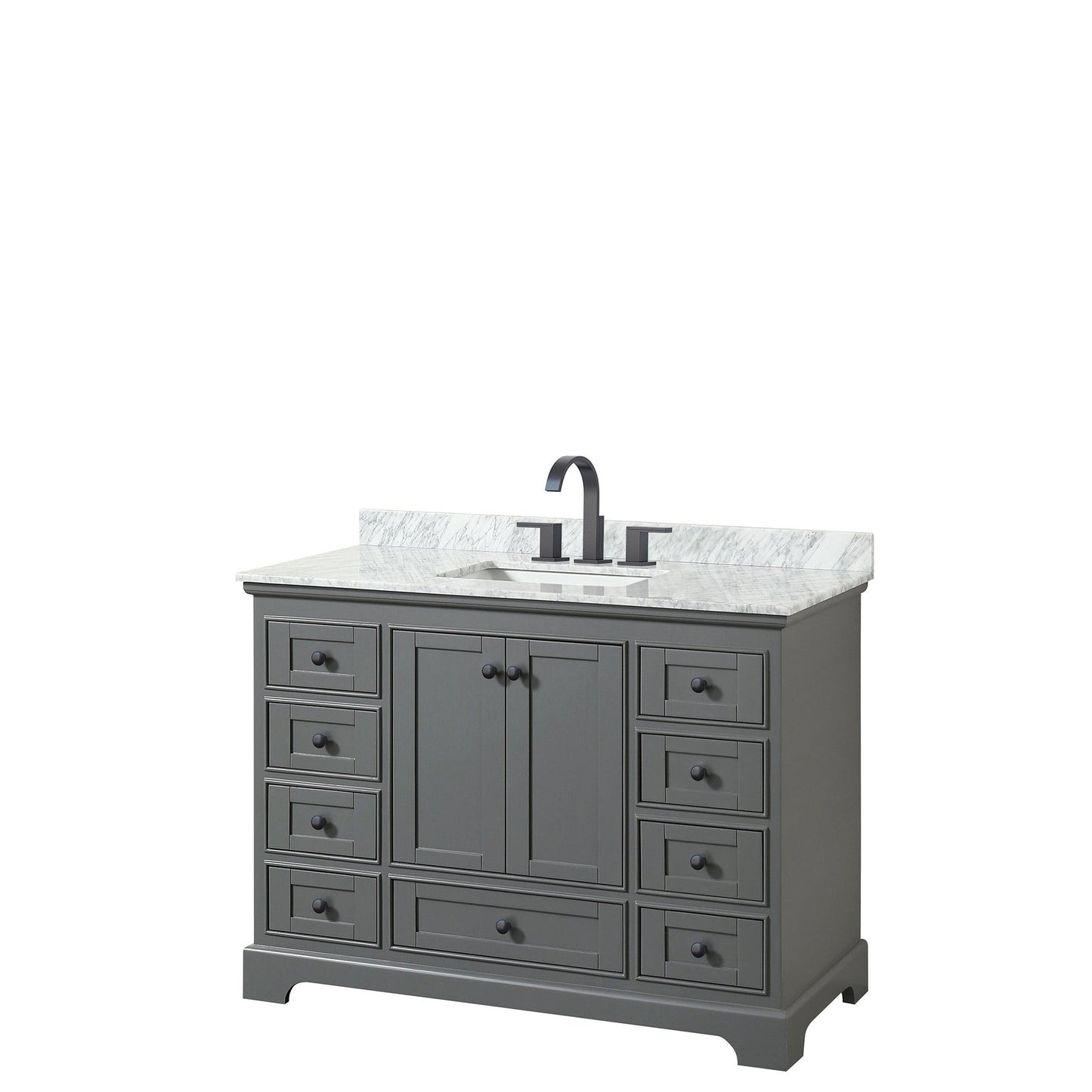 Wyndham Collection Deborah 48" Single Bathroom Vanity in Dark Gray, White Carrara Marble Countertop, Undermount Square Sink, Matte Black Trim