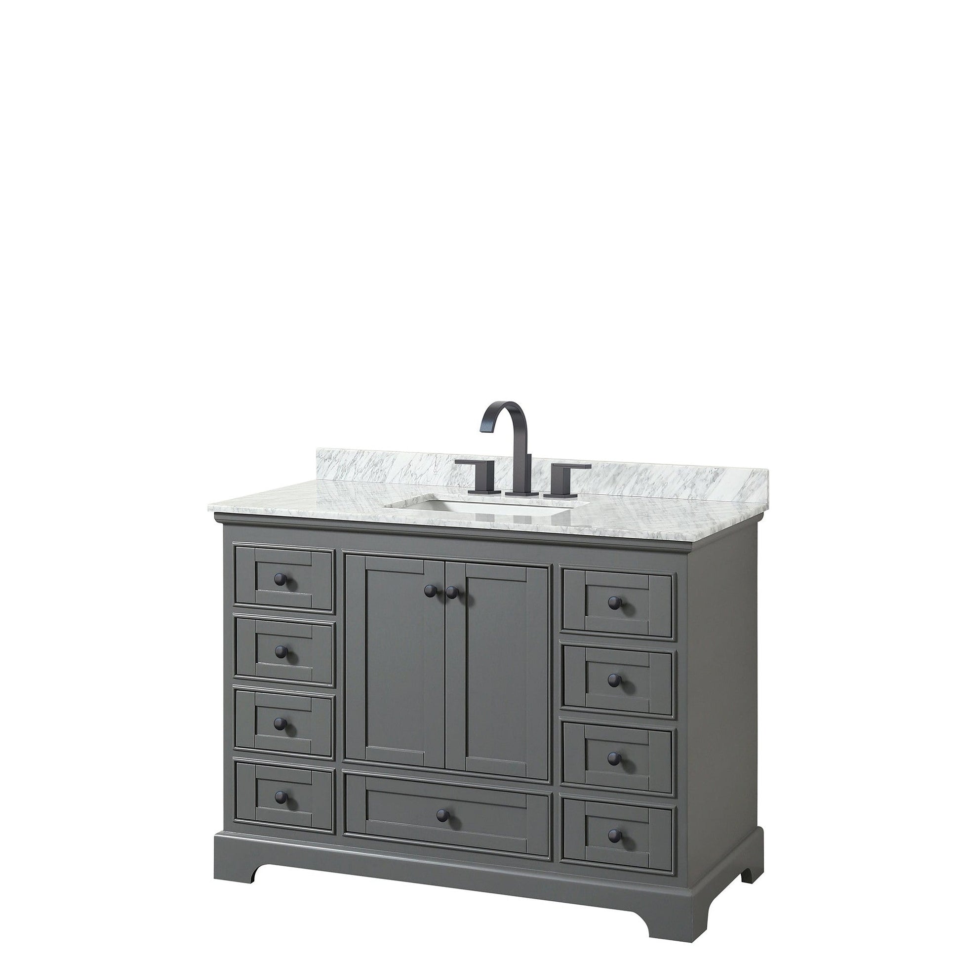 Wyndham Collection Deborah 48" Single Bathroom Vanity in Dark Gray, White Carrara Marble Countertop, Undermount Square Sink, Matte Black Trim