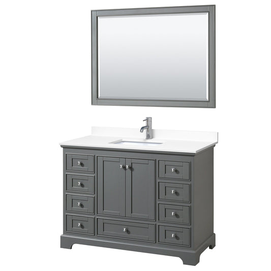 Wyndham Collection Deborah 48" Single Bathroom Vanity in Dark Gray, White Cultured Marble Countertop, Undermount Square Sink, 46" Mirror