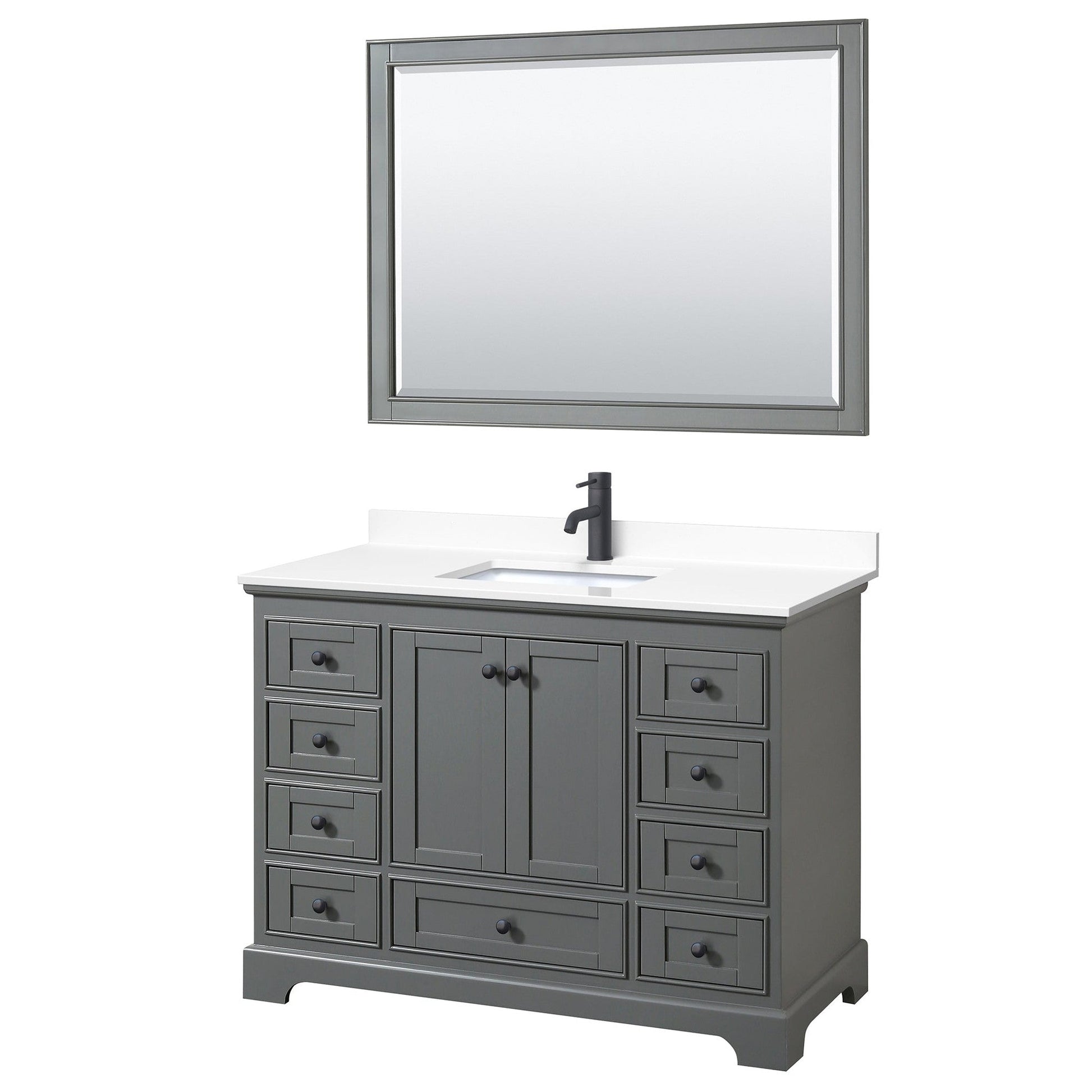 Wyndham Collection Deborah 48" Single Bathroom Vanity in Dark Gray, White Cultured Marble Countertop, Undermount Square Sink, Matte Black Trim, 46" Mirror