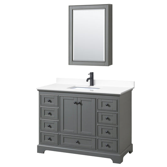 Wyndham Collection Deborah 48" Single Bathroom Vanity in Dark Gray, White Cultured Marble Countertop, Undermount Square Sink, Matte Black Trim, Medicine Cabinet