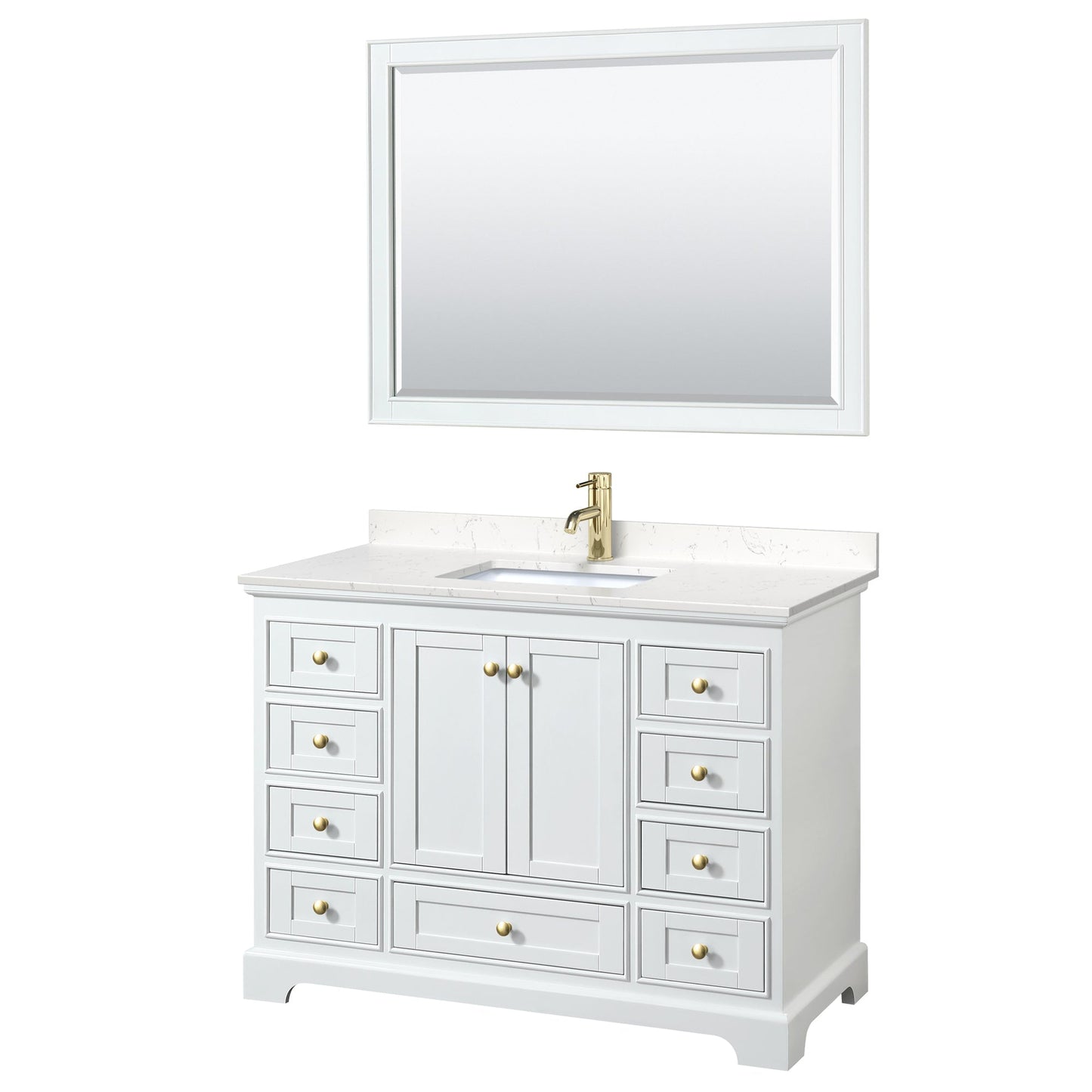 Wyndham Collection Deborah 48" Single Bathroom Vanity in White, Carrara Cultured Marble Countertop, Undermount Square Sink, Brushed Gold Trim, 46" Mirror