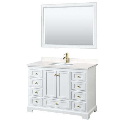 Wyndham Collection Deborah 48" Single Bathroom Vanity in White, Carrara Cultured Marble Countertop, Undermount Square Sink, Brushed Gold Trim, 46" Mirror