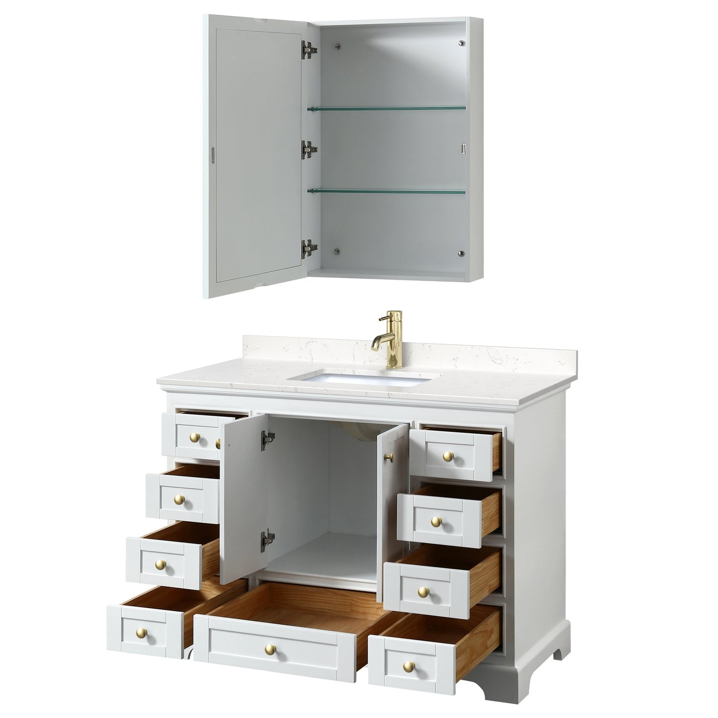Wyndham Collection Deborah 48" Single Bathroom Vanity in White, Carrara Cultured Marble Countertop, Undermount Square Sink, Brushed Gold Trim, Medicine Cabinet