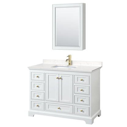 Wyndham Collection Deborah 48" Single Bathroom Vanity in White, Carrara Cultured Marble Countertop, Undermount Square Sink, Brushed Gold Trim, Medicine Cabinet